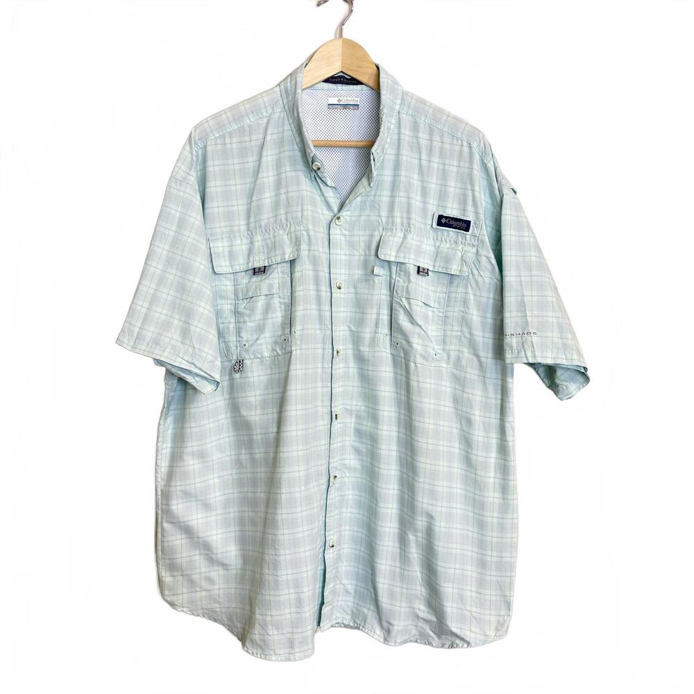 Columbia‎ PFG Shirt Mens XL Blue White Plaid Super Bahama Short Sleeve Fishing